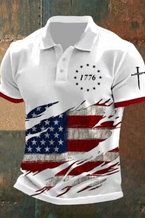 Faith Christian Cross Nail 1776 Polo Shirt Men's American Flag Vintage Patriotic Apparel