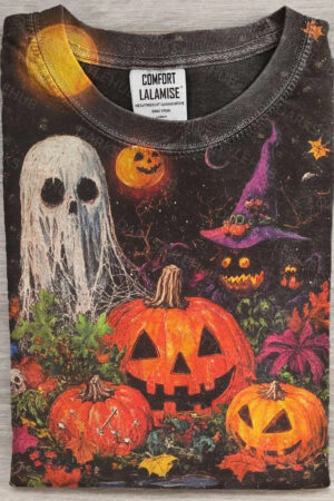 Halloween Art Print Cotton Casual Short Sleeve T-Shirt Festive Graphic Tee For Halloween Lovers