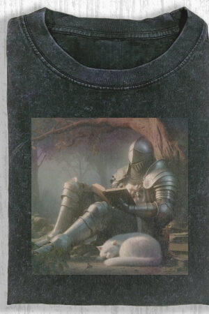 Knight And Cat T-Shirt Medieval Fantasy Graphic Tee For Cat Lovers