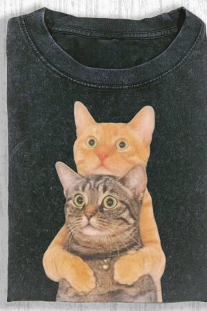 Wacky Double Meme Cat T-Shirt Quirky Graphic Tee For Meme And Cat Lovers