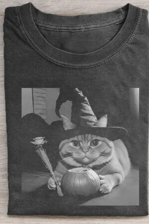 Cute Cat In Witch Hat With Pumpkin Halloween Graphic T-Shirt Spooky Fun Tee For Cat Lovers