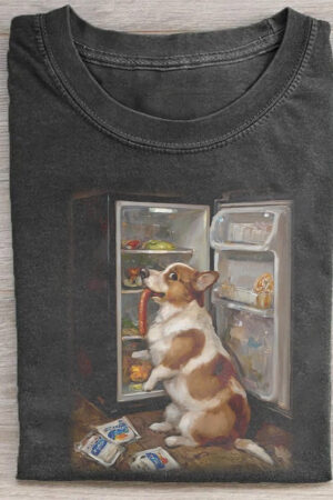 Funny Corgi Stealing Food From Fridge T-Shirt Cute Hungry Dog Graphic Tee For Pet Lovers