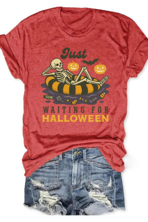Just Waiting For Halloween T-Shirt Spooky Cute Graphic Tee For Halloween Enthusiasts