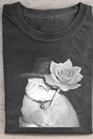 Elegant Cat With Rose Hat Graphic Print T-Shirt Chic Artistic Tee For Cat Lovers