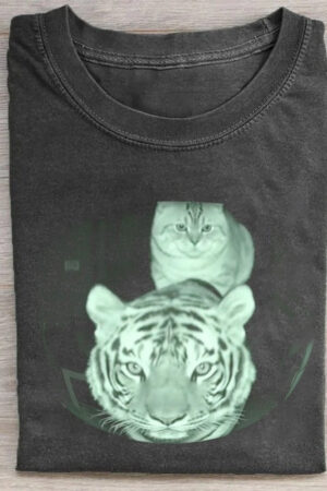 Tiger And Cat Glow In The Dark Graphic T-Shirt Unique Nighttime Tee For Cat Lovers